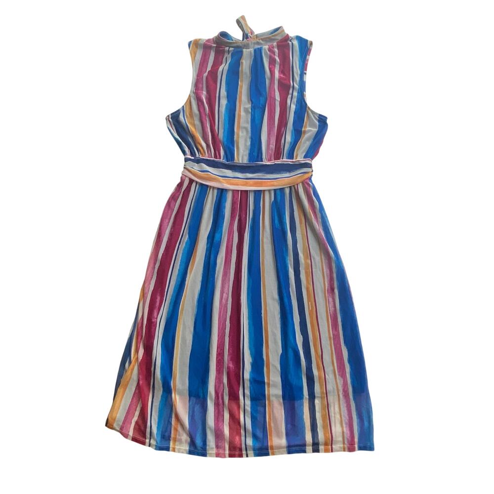 Leota Women's Blue & Pink Watercolor Stripe Aria Midi Dress Size XL